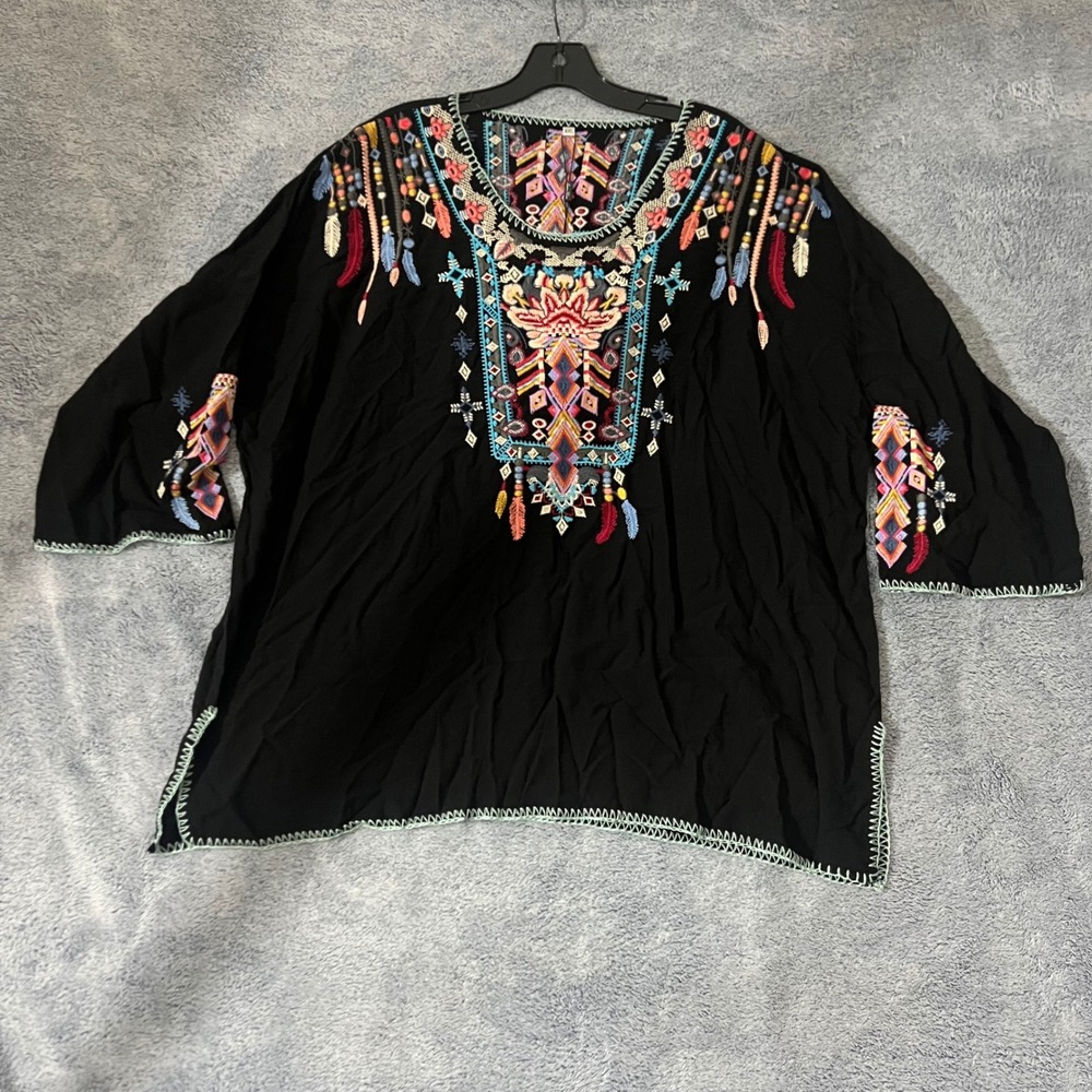 Laura Klein Womens XXL Black Embroidered Tunic Rayon Tribal Boho Peasant Top